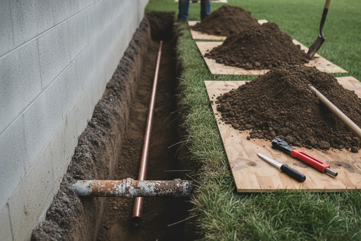 Excavated water line trench during Water Heater Repair in Zaleski